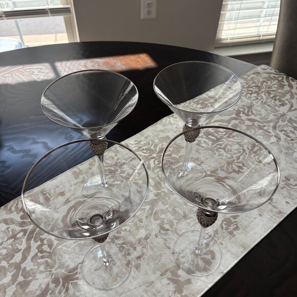 Rhinestone Crystal Glass Martini Glasses Silver Rim Stemware - Set of 4 - Picture 3 of 5